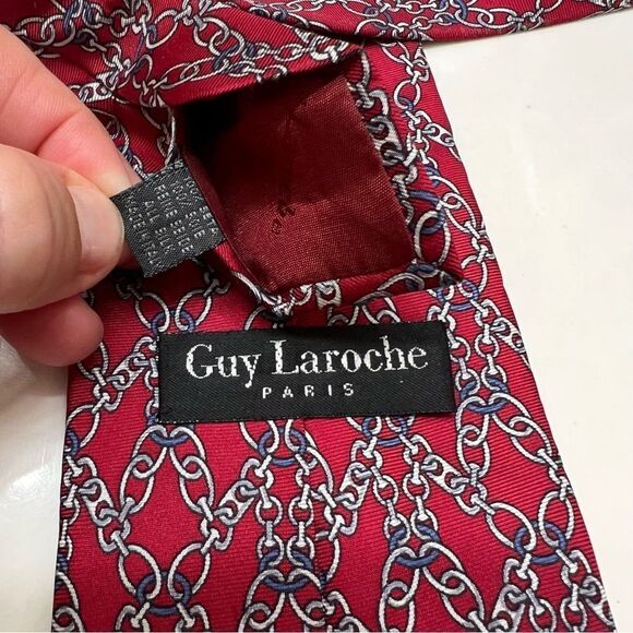Vintage Guy Laroche Silk Tie Equestrian Chain Design Red, Blue Grey - Picture 2 of 2